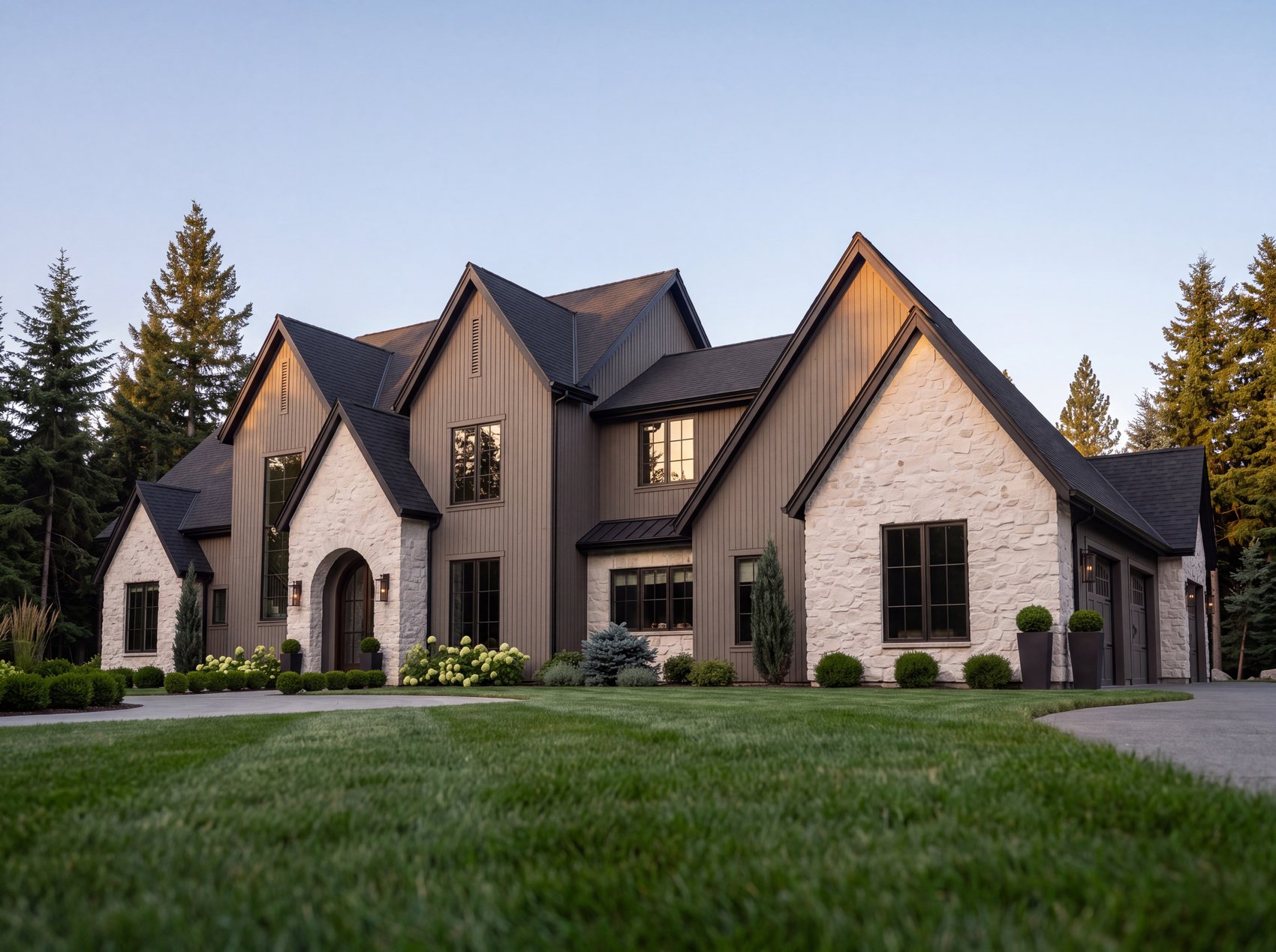 Timber and stone entry at dusk